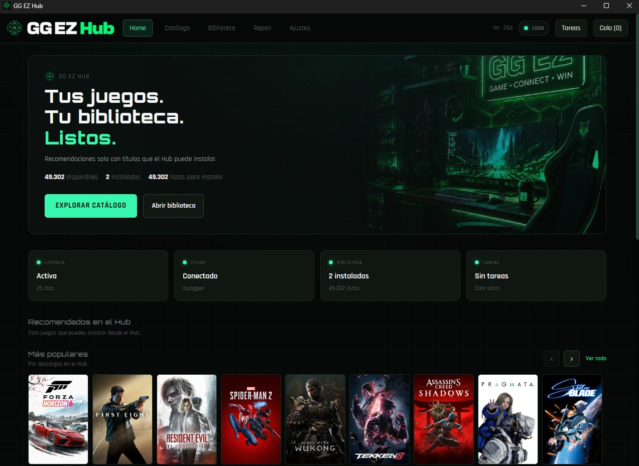 Interfaz de GG EZ Hub mostrando católogo y biblioteca